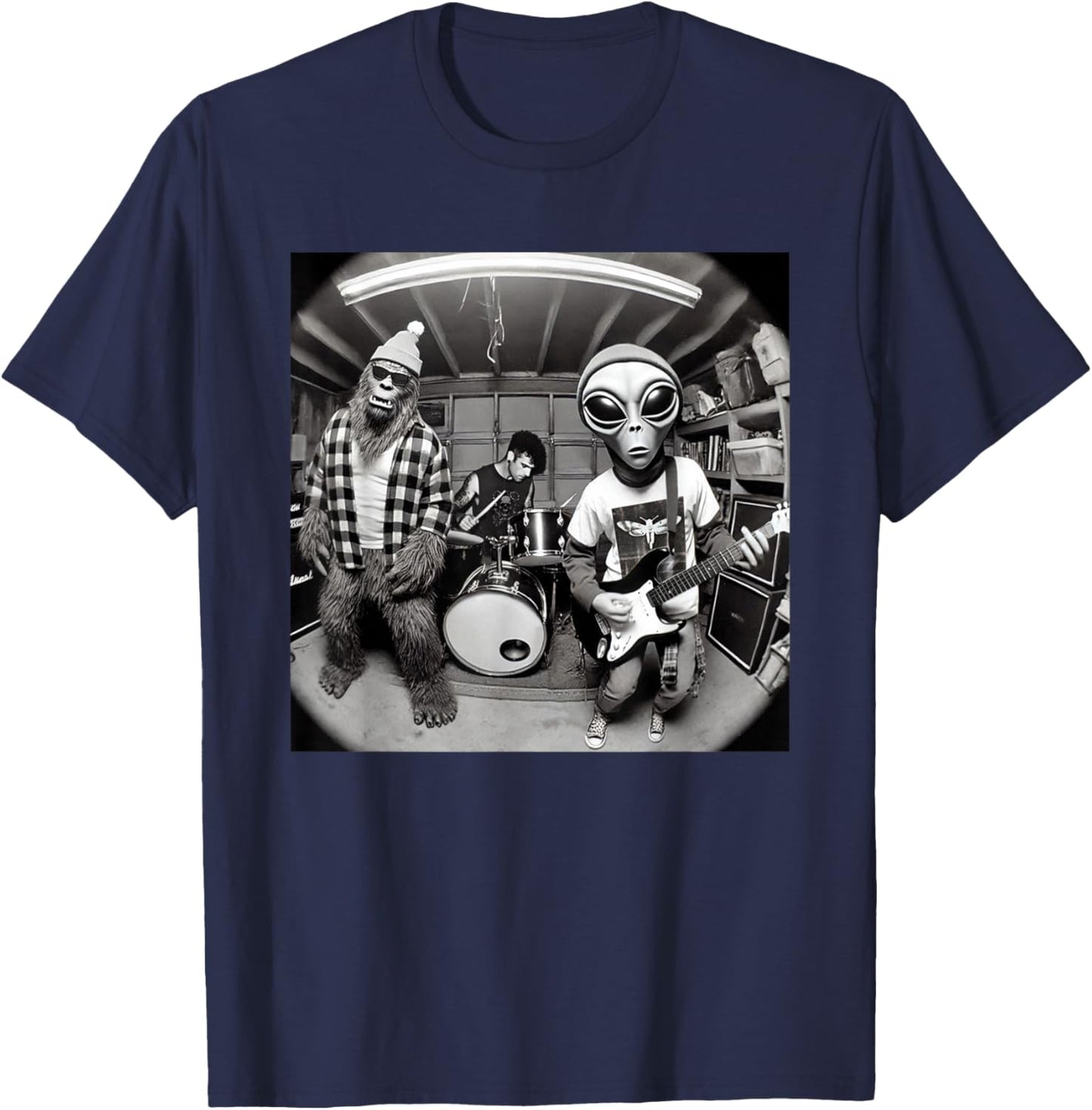 Garage Band Funny Bigfoot Alien 90s Grunge Rock Sasquatch T-Shirt - T-Shirt | Navy