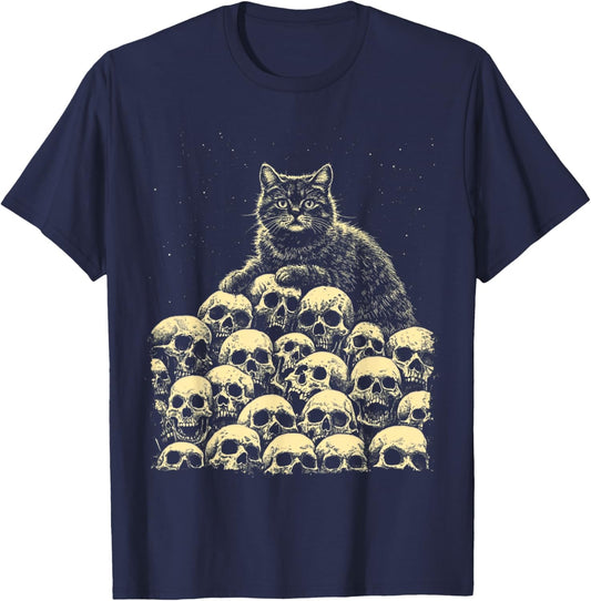 Women's Occult Witchy Dark Academia Gothic Skeleton Cat Goth T-Shirt - T-Shirt | Navy