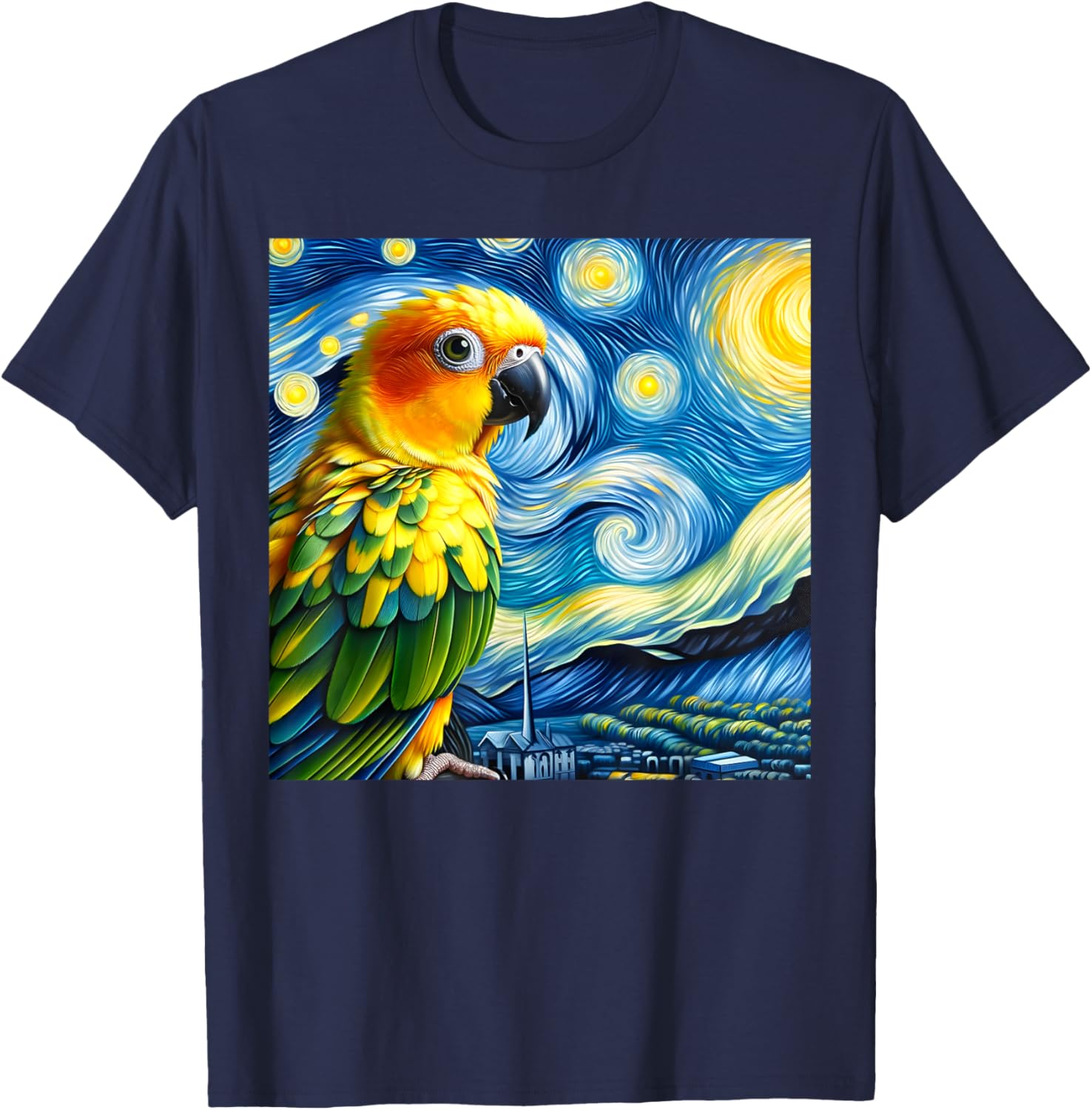 Sun Conure Mom Starry Night Sky Art Van Gogh Bird Parrot T-Shirt - T-Shirt | Navy