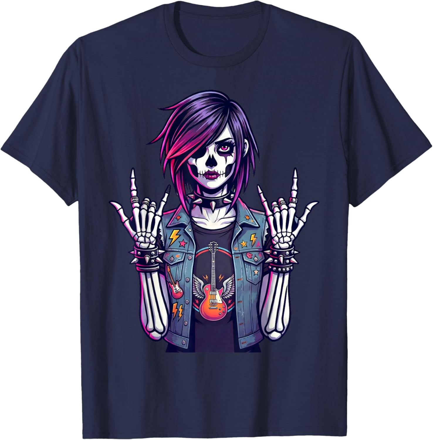 Goth Skeleton Girl Rock Guitar Punk Skull Art Rock'n Roll T-Shirt - T-Shirt | Navy