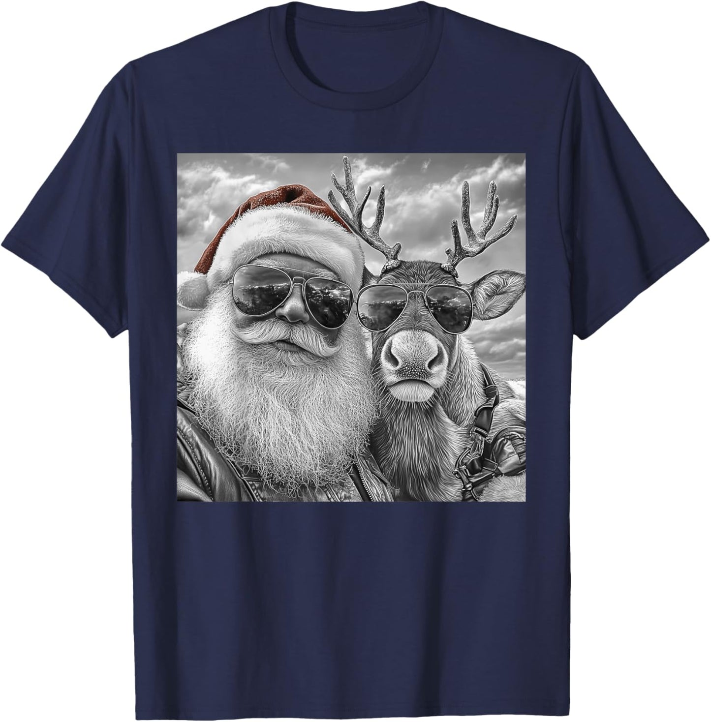 Funny Santa Claus Reindeer Selfie, Cool Retro Christmas T-Shirt - T-Shirt | Navy