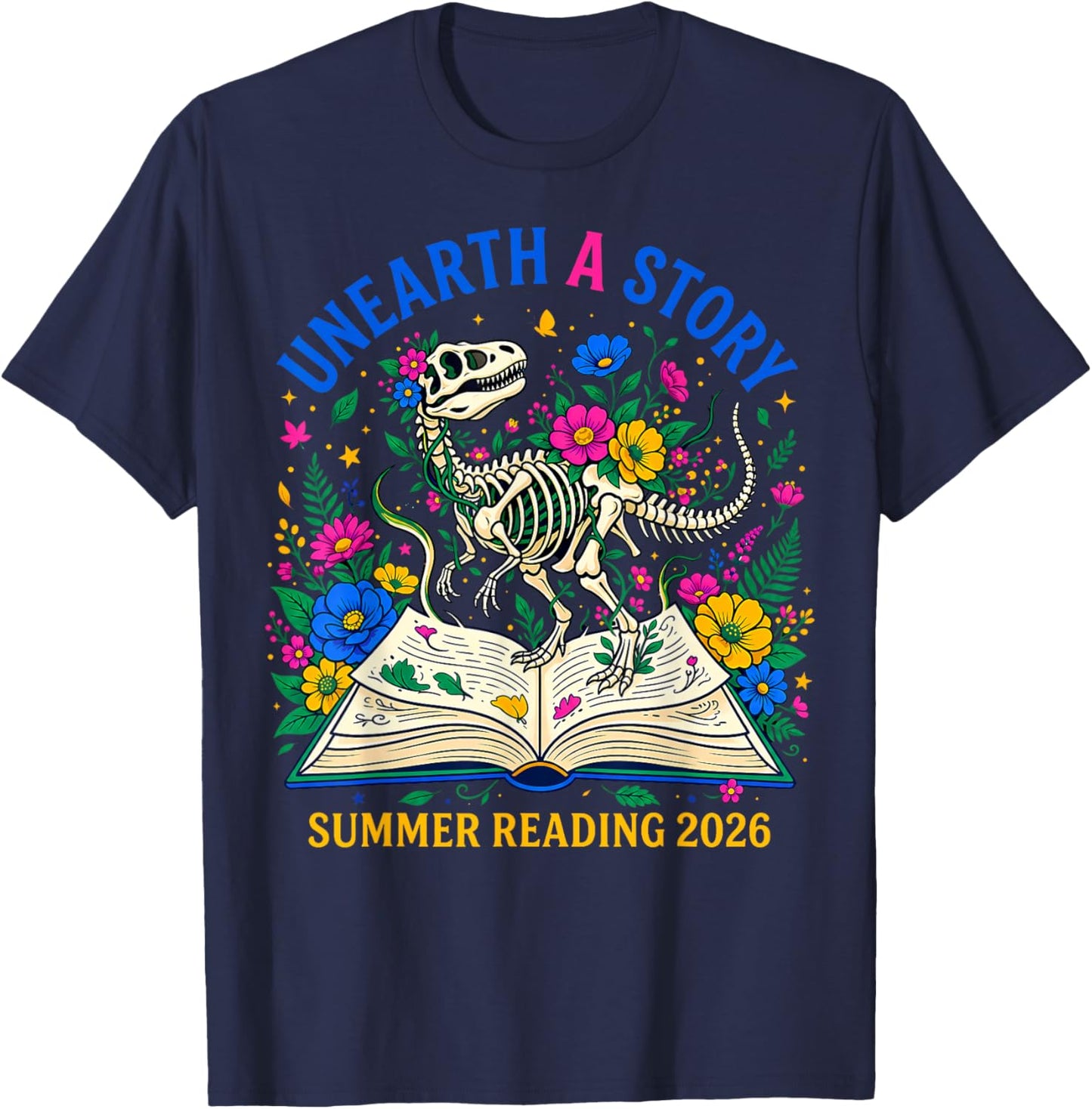 Unearth a Story Summer Library Reading 2026 Dino Skeleton T-Shirt - T-Shirt | Navy