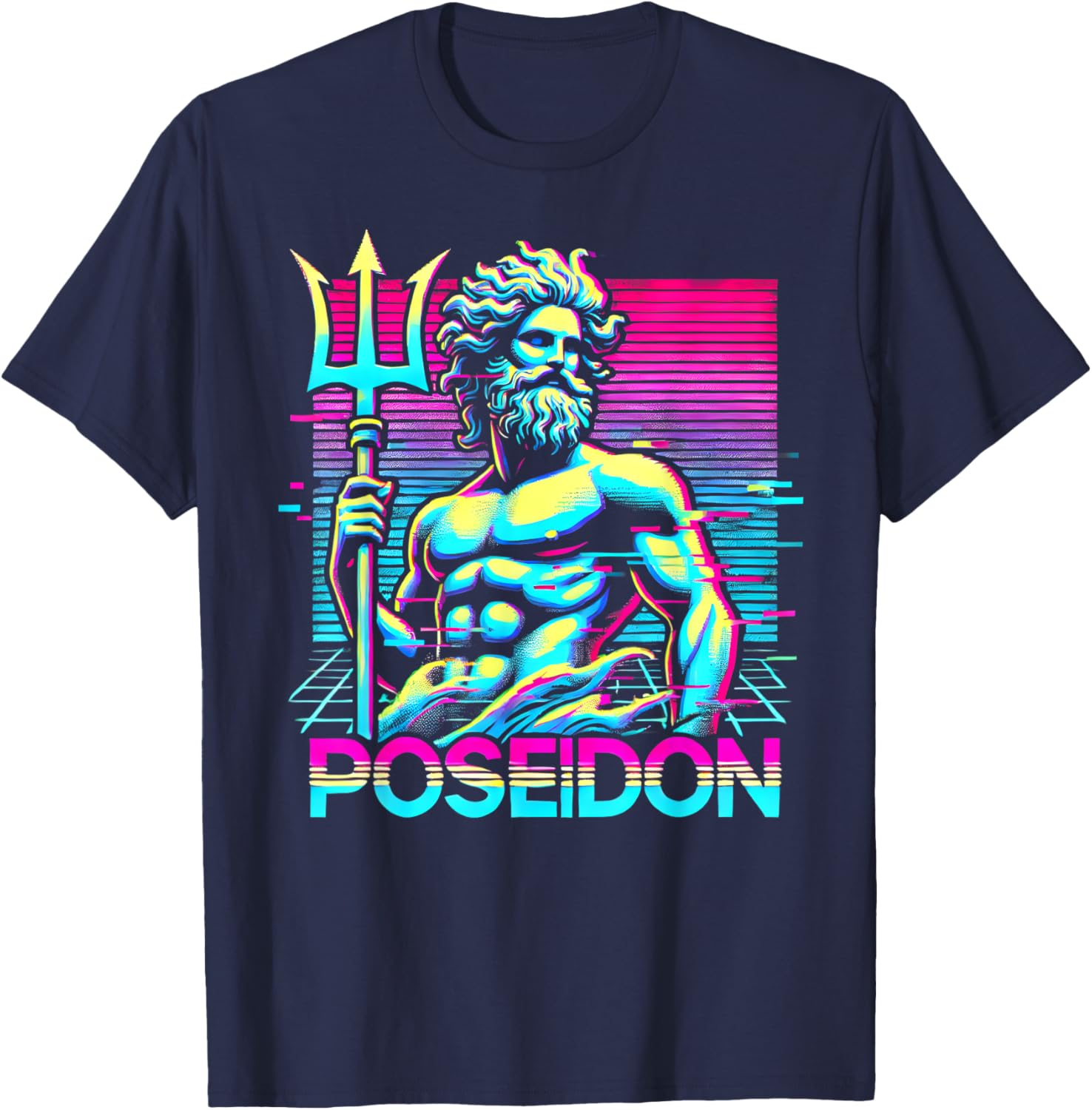 Poseidon Greek Mythology Ancient Greece Vaporwave style T-Shirt - T-Shirt | Navy