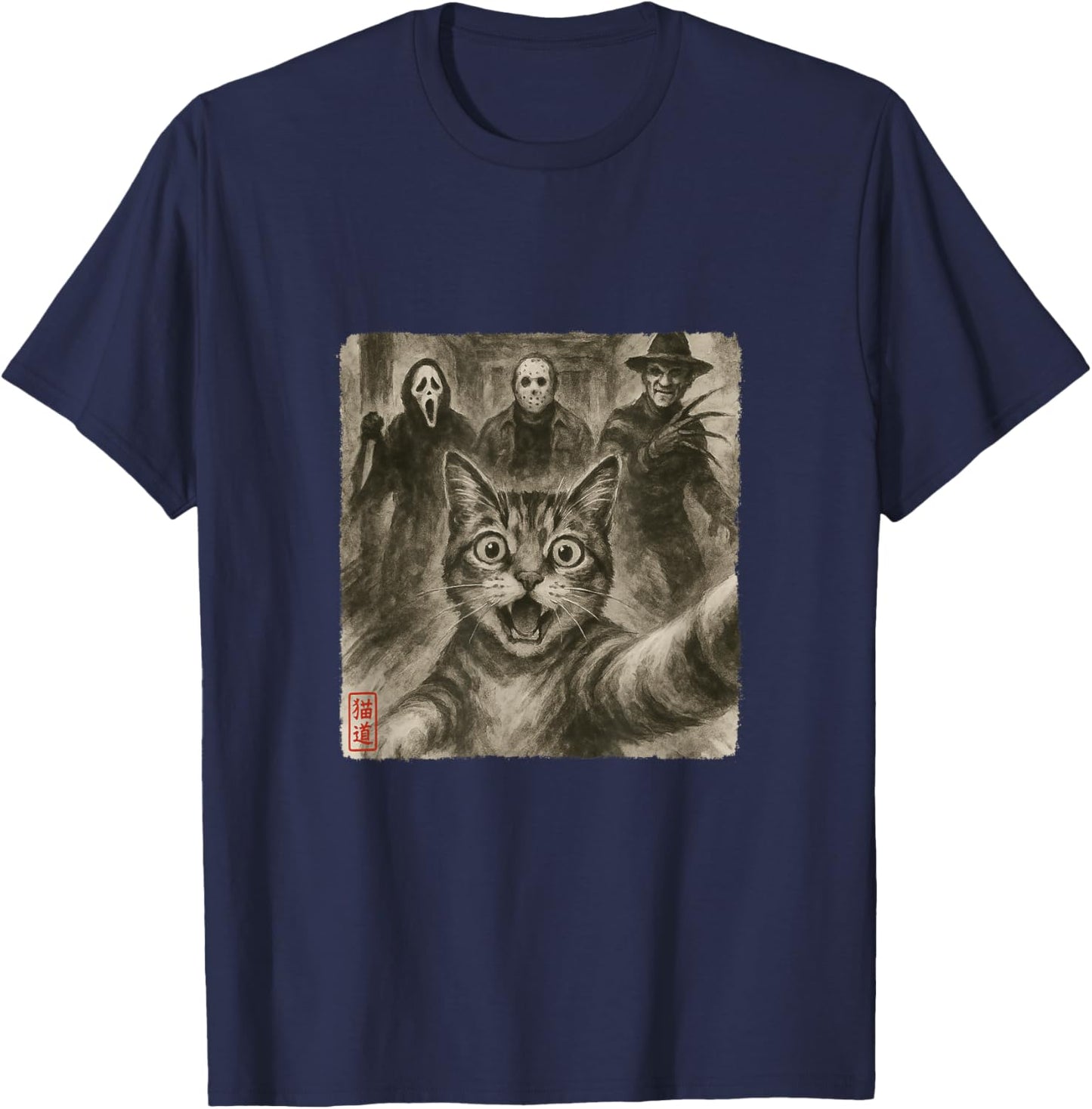 Funny Horror Movie Characters Surprised With A Scared Cat T-Shirt - T-Shirt | Navy