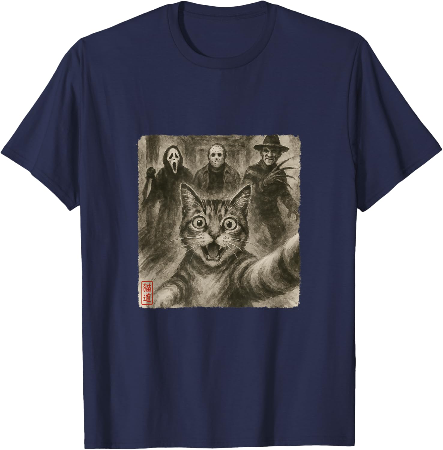 Funny Horror Movie Characters Surprised With A Scared Cat T-Shirt - T-Shirt | Navy