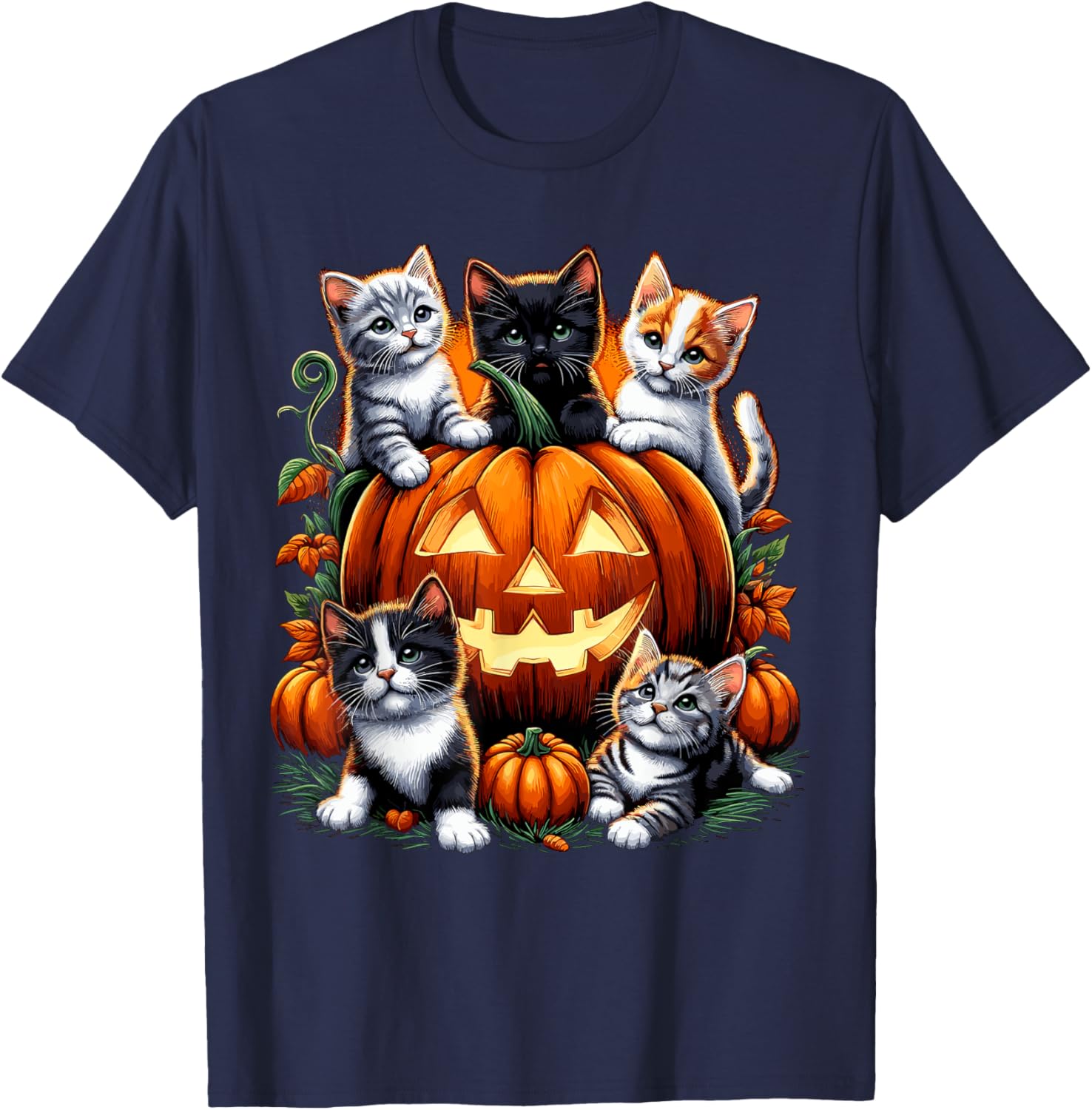 Cat Pumpkin Halloween Retro Floral Spooky Men Women Kids T-Shirt - T-Shirt | Navy