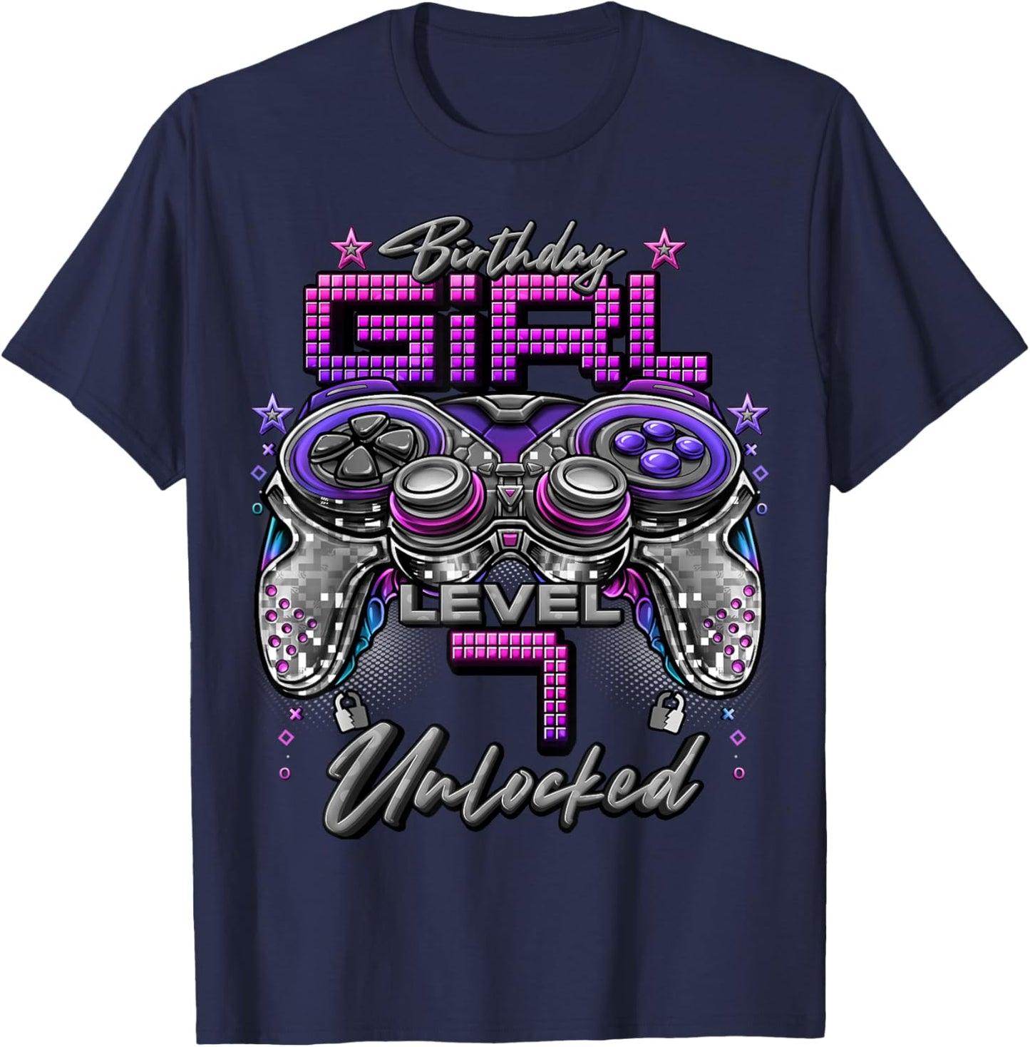 Gamer Girl Level 7 Unlocked 7th Birthday Video Gaming Girl T-Shirt - T-Shirt | Navy
