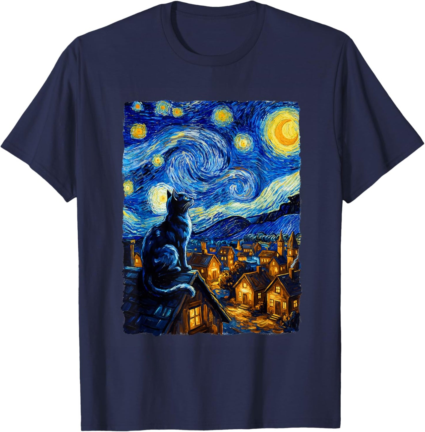 Cat Starry Night Van Gogh Cat for Cat Lover Cat Mom Cat Dad T-Shirt - T-Shirt | Navy