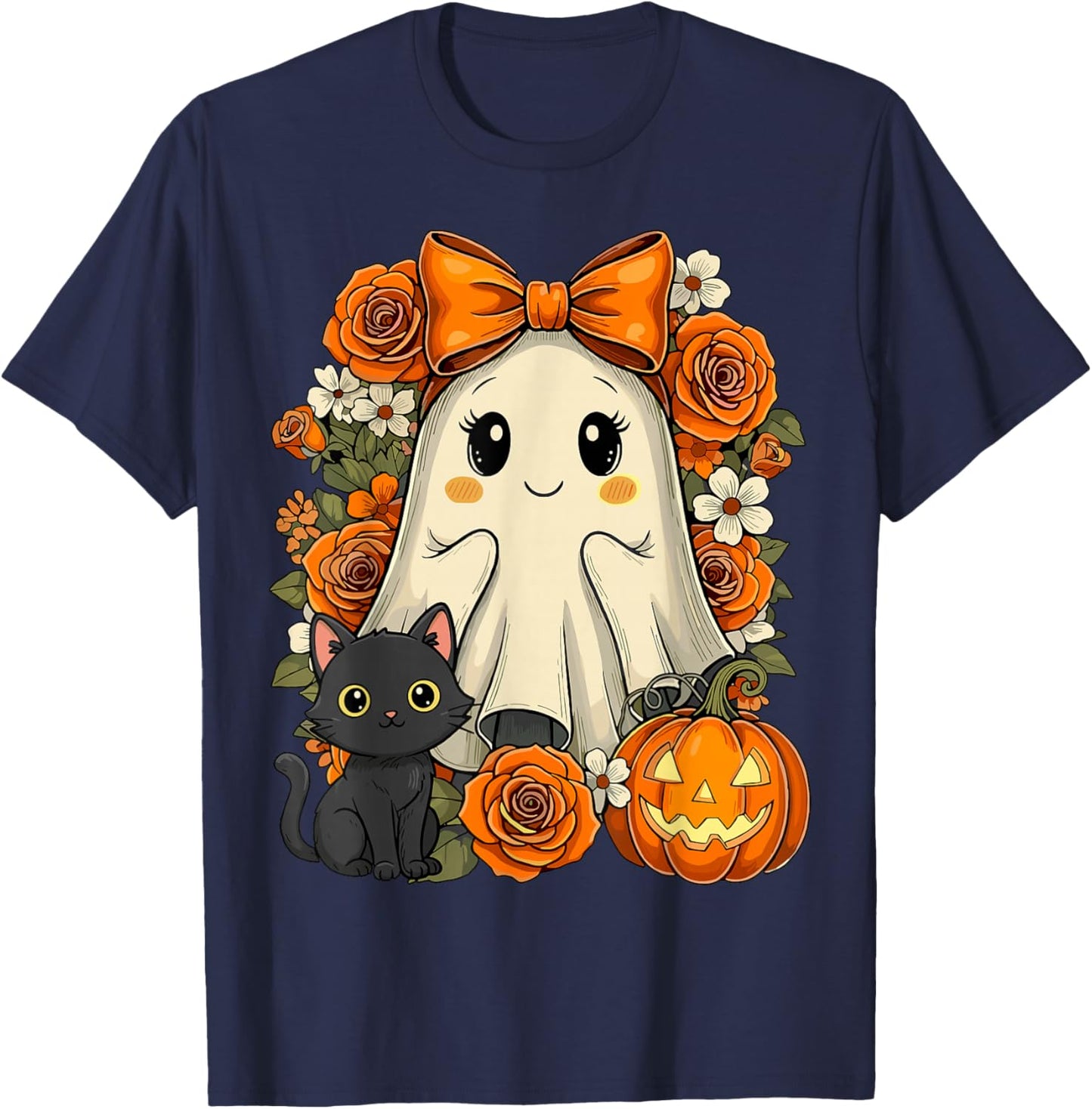 Kawaii Ghost Cat Pumpkin Floral Halloween T-Shirt - T-Shirt | Navy