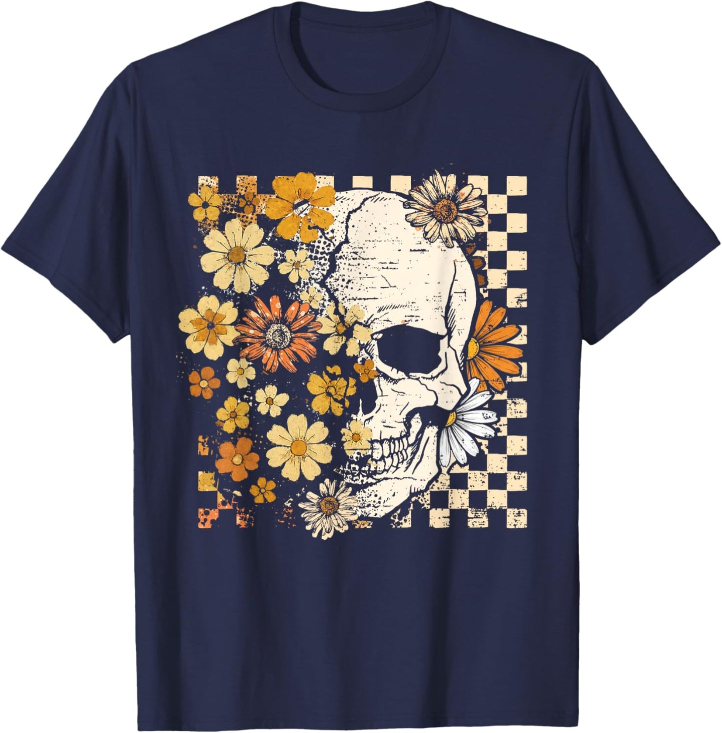 Vintage Skull Flower Halloween Fall Thankgiving Costume T-Shirt - T-Shirt | Navy