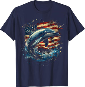 Patriotic Dolphin with American Flag Design T-Shirt - T-Shirt | Navy