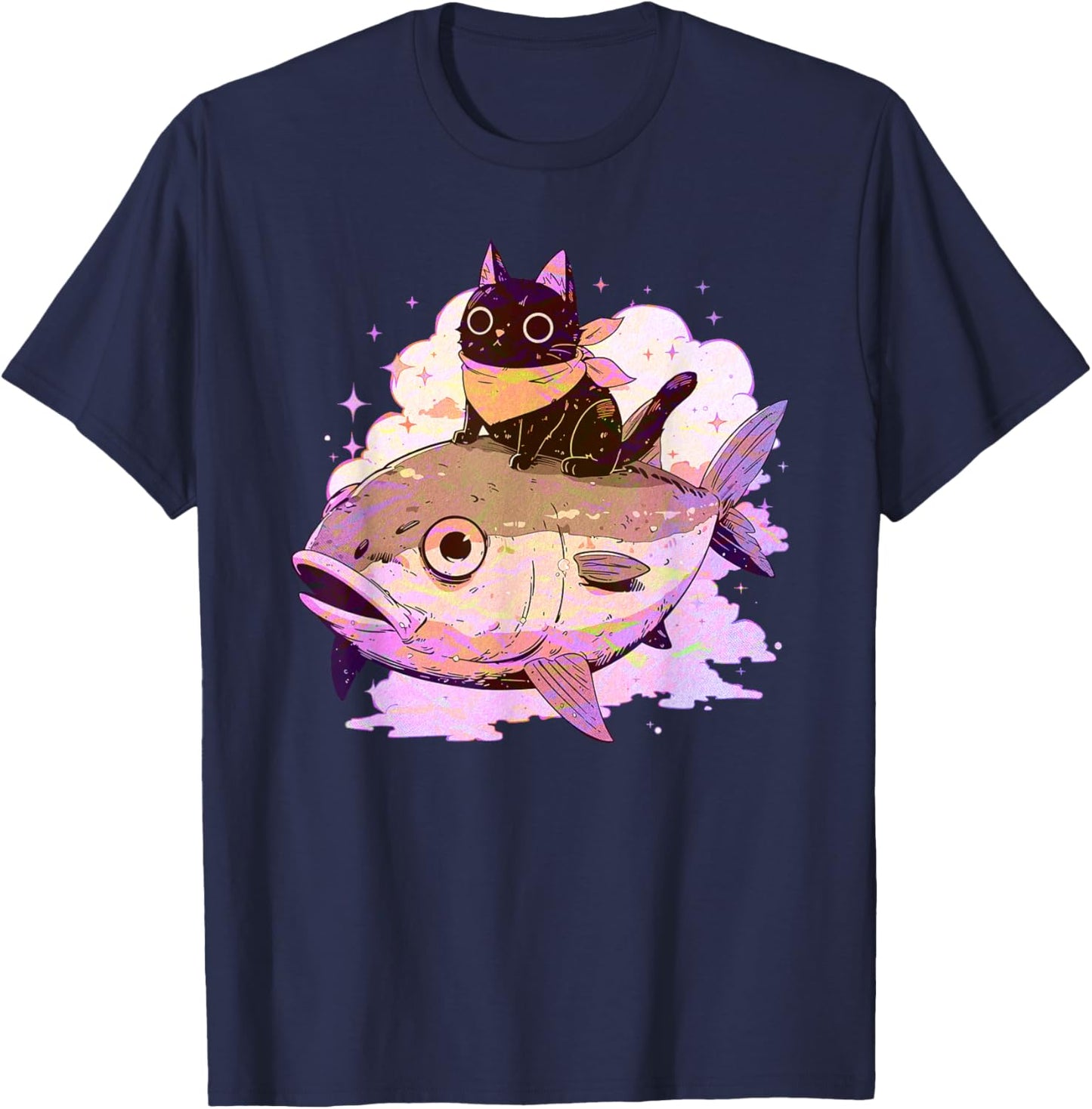 Funny Pink Pastel Goth Aesthetic Tuna Fish Neko Kawaii Cat Men Women Girls Kids T-Shirt - T-Shirt | Navy