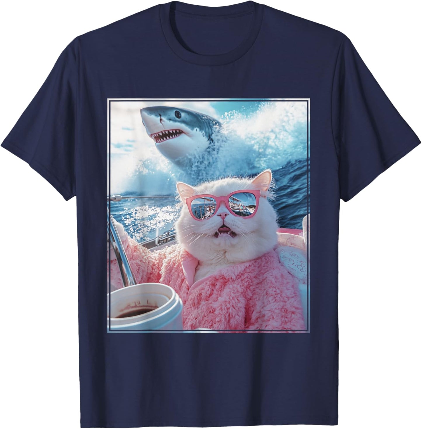 Funny Cat Shark Meme Selfie Cat on a Yacht Boat Men Women Kids T-Shirt - T-Shirt | Navy