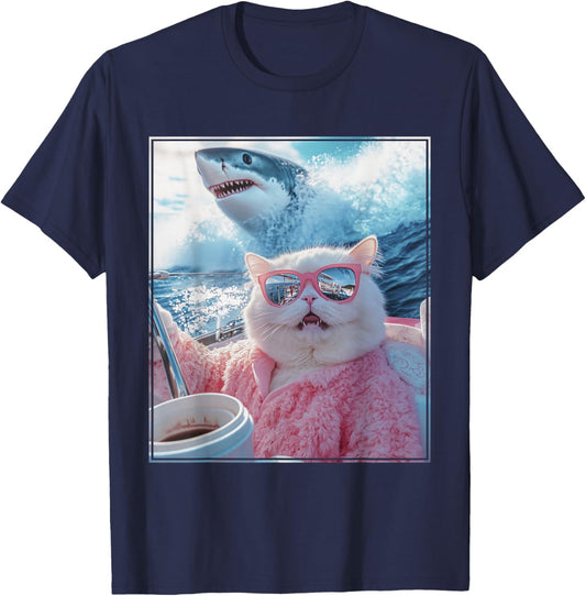 Funny Cat Shark Meme Selfie Cat on a Yacht Boat Men Women Kids T-Shirt - T-Shirt | Navy