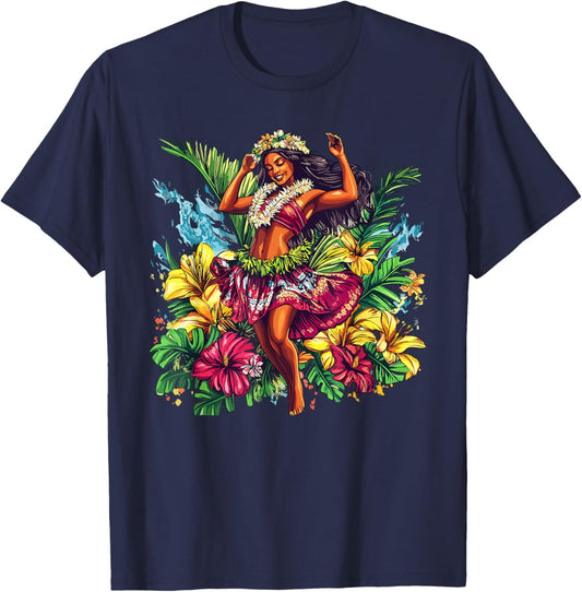Tropical Hula Girl Dancing Hawaiian Flowers T-Shirt - T-Shirt | Navy
