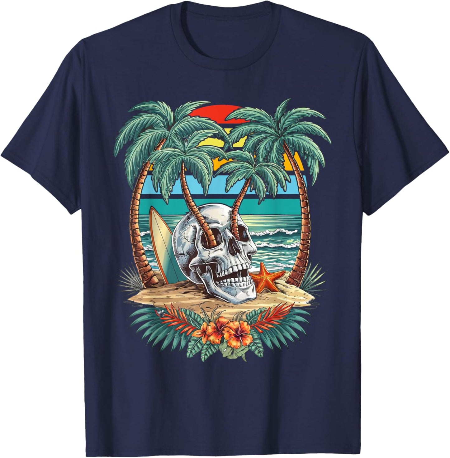 Vintage Palm Tree Skull Summer Beach Men Motorcycle Tattoo T-Shirt - T-Shirt | Navy