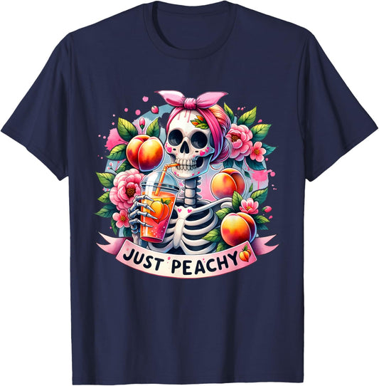 Just Peachy Skeleton Retro 70s Hippie Summer Vibes Funny Women T-Shirt - T-Shirt | Navy
