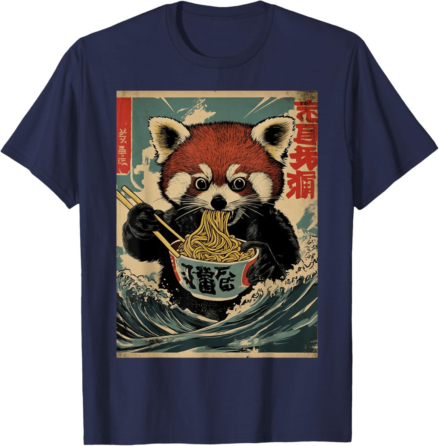 Hungry Red Panda Eating Ramen Noodles Japanese Art Style T-Shirt - T-Shirt | Navy
