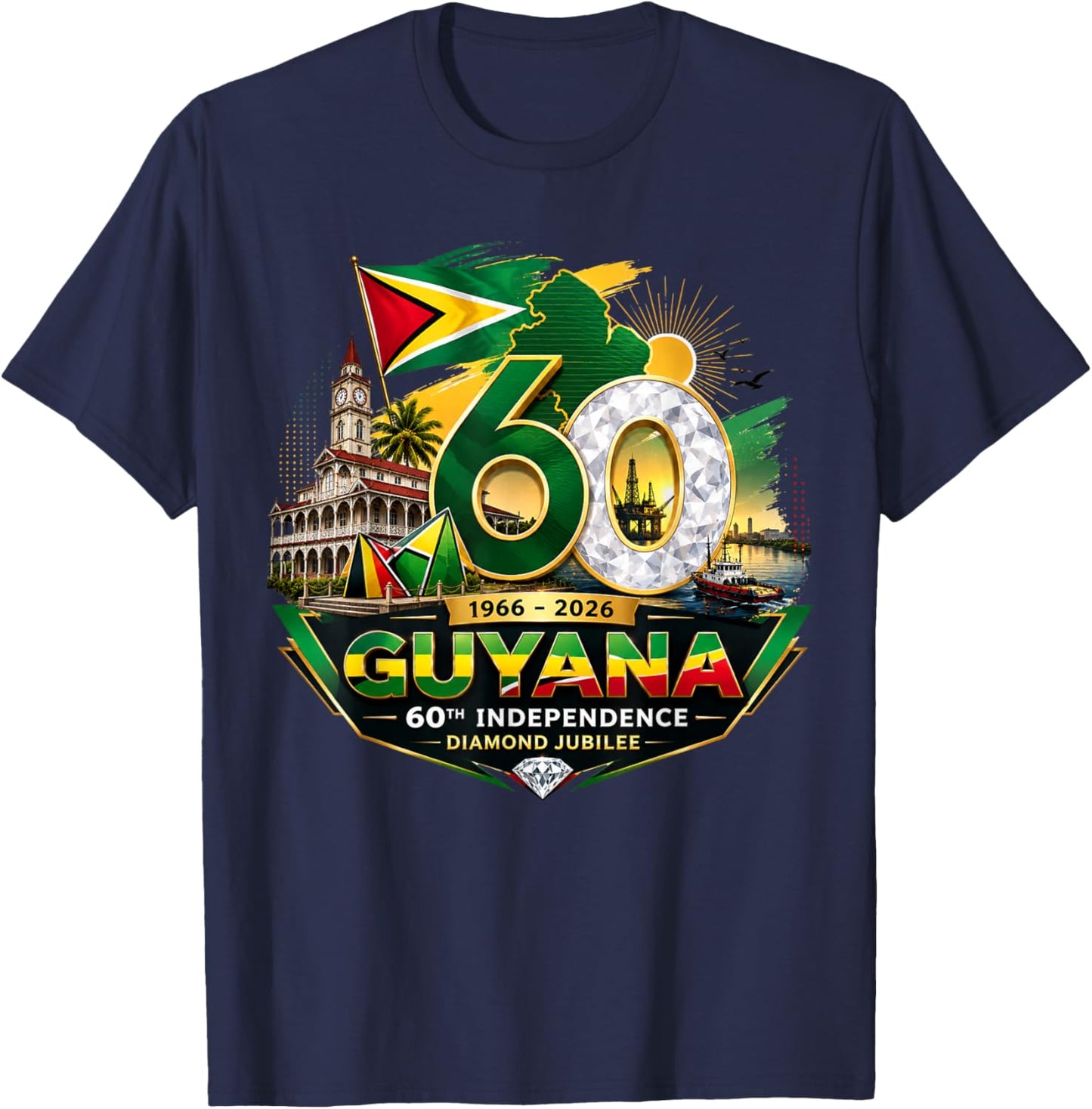 Celebrating 60 Years of Independence Guyana Diamond Jubilee T-Shirt - T-Shirt | Navy