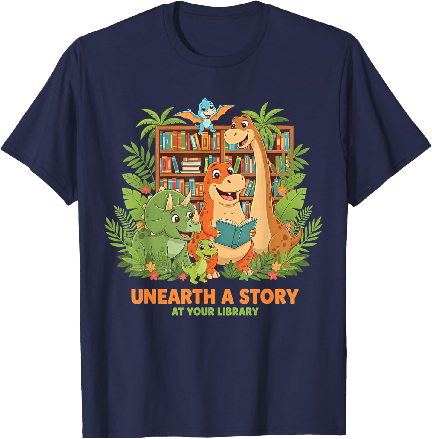 Unearth A Story Dinosaur Library Reading Kids Design T-Shirt - T-Shirt | Navy