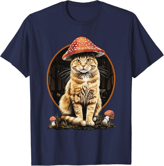 Orange Cat Tabby Cat Cottagecore Aesthetic Mushroom Forest T-Shirt - T-Shirt | Navy