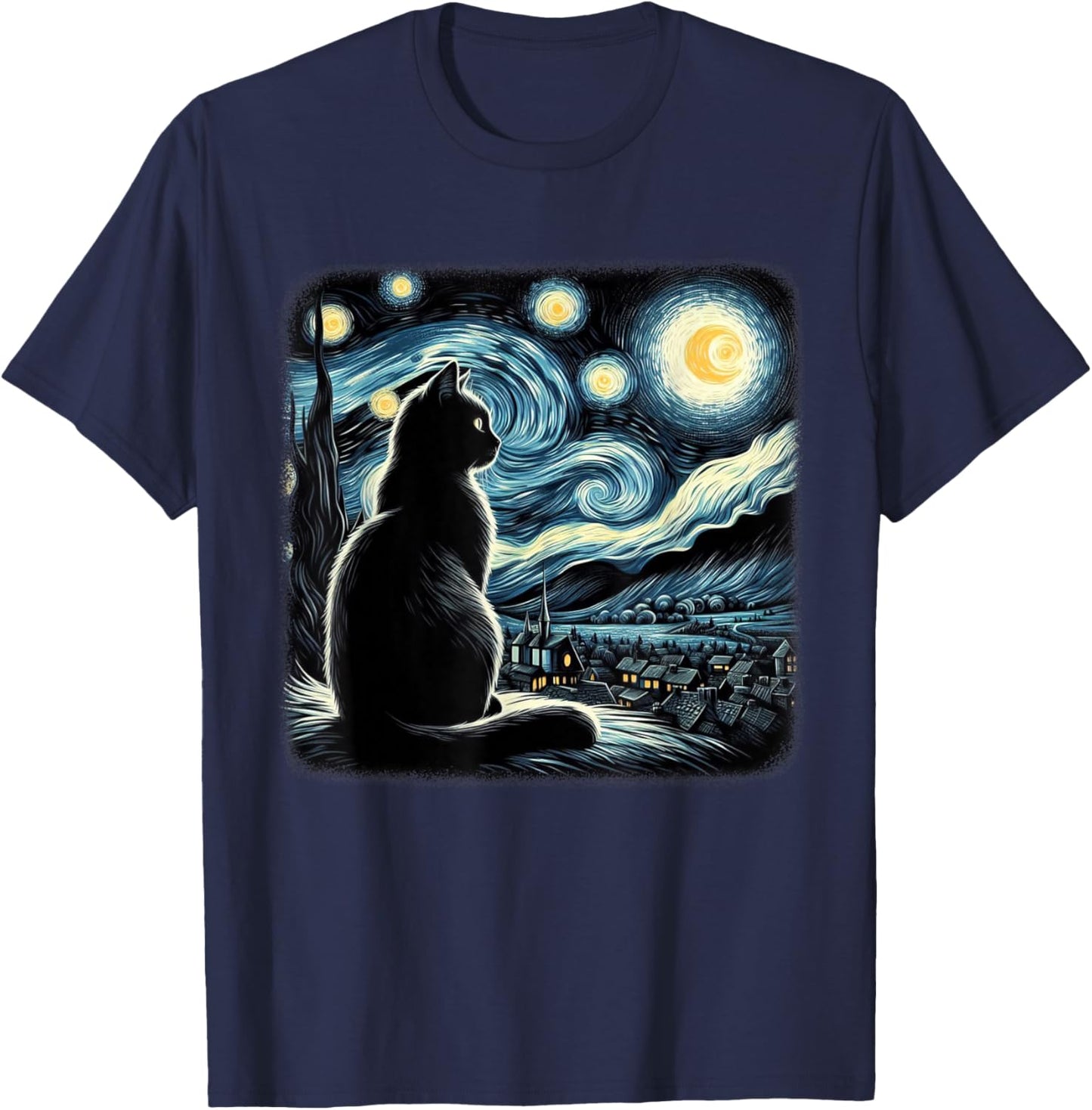 Van Gogh Starry Night Cat Art For Cat Lovers Cat Mom Cat Dad T-Shirt - T-Shirt | Navy