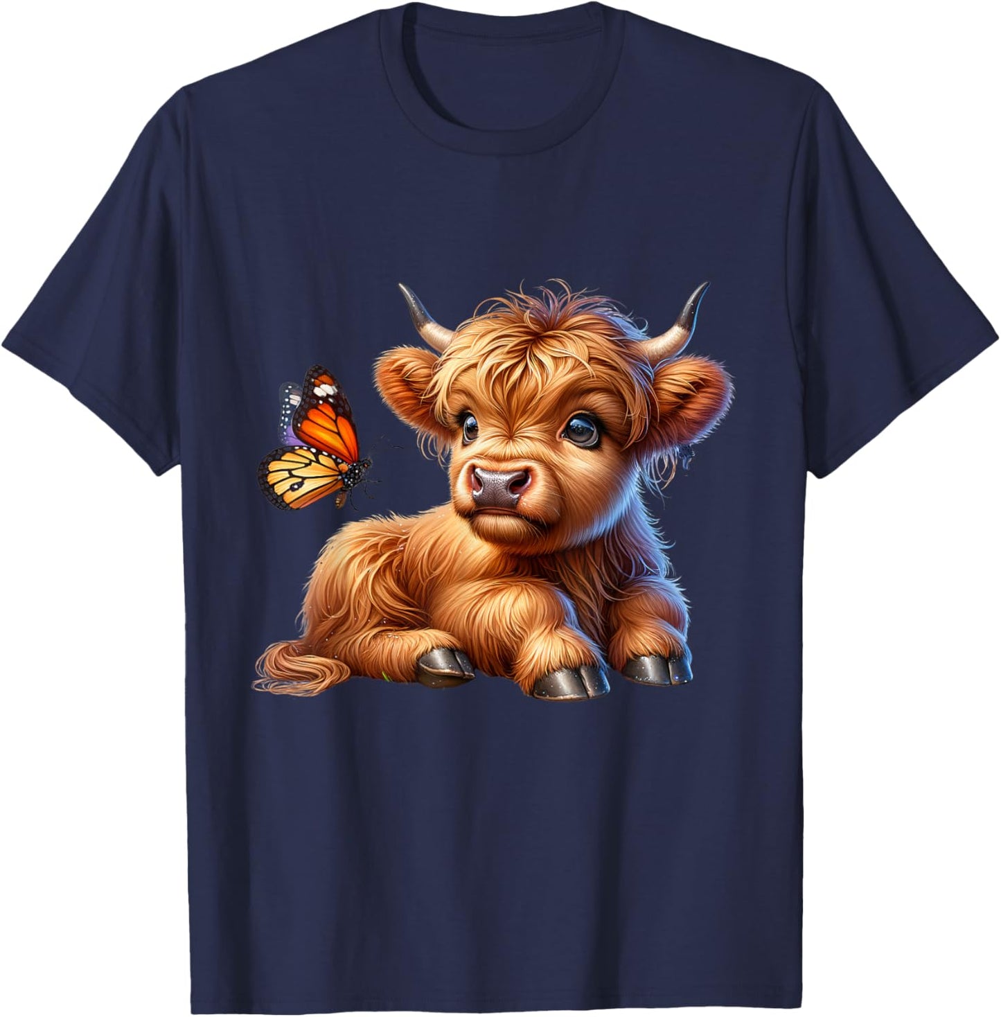 Cow, Scottish Highland Cow with Butterfly, Highland Cow T-Shirt - T-Shirt | Navy
