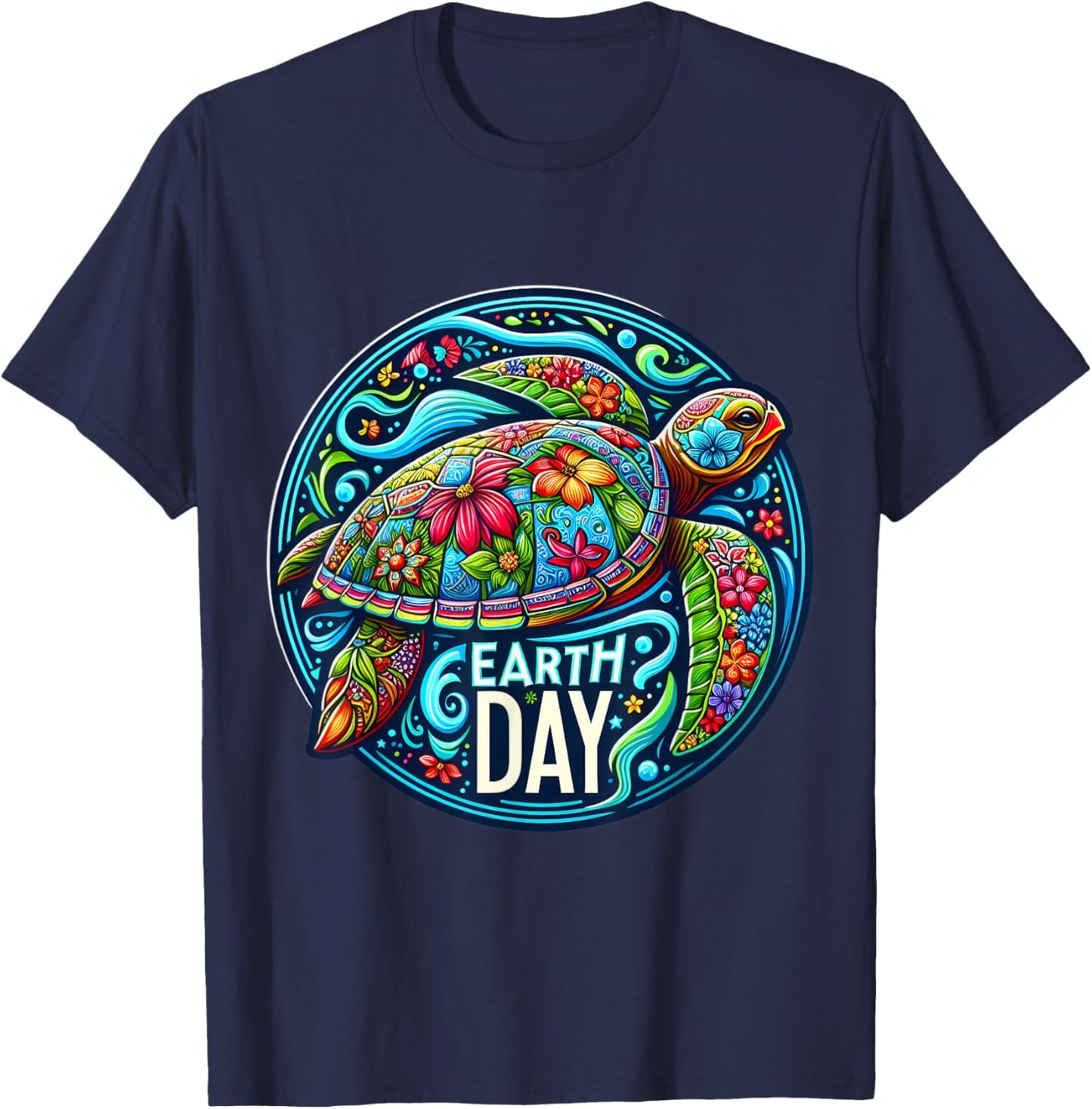 Floral Sea Turtle Earth Day Planet Art Animal Lover Artistic T-Shirt - T-Shirt | Navy