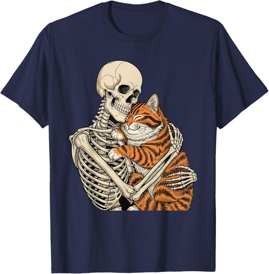 Skeleton Hugging Cat - Spooky Halloween Cat Lover Kitty T-Shirt - T-Shirt | Navy