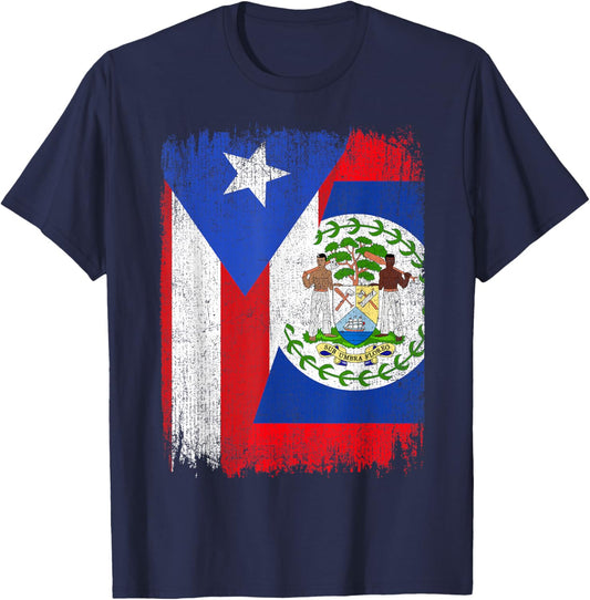 Half Puerto Rico Belize Flag Belizean Pride Roots T-Shirt - T-Shirt | Navy