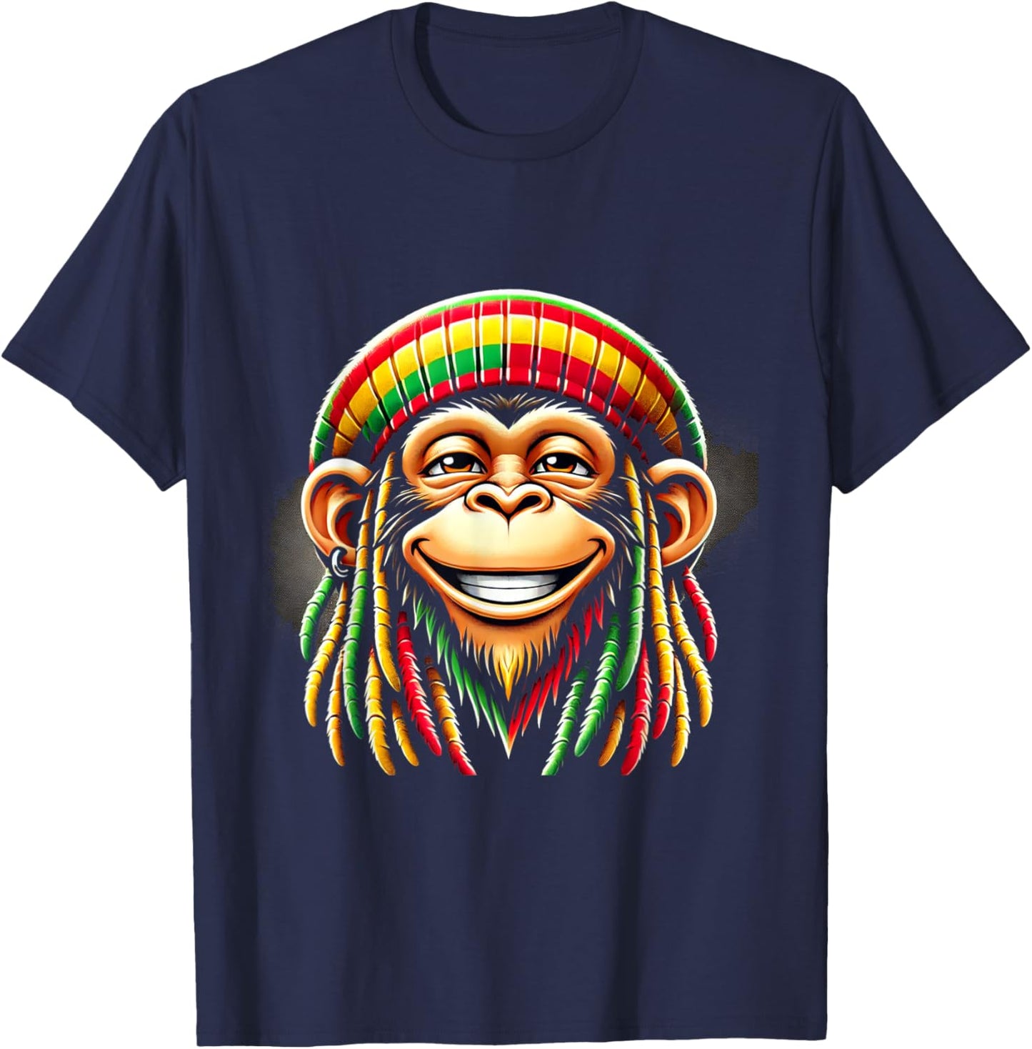 Monkey Rasta Green, Yellow, Red Animal Theme Jungle Art Monkey T-Shirt - T-Shirt | Navy