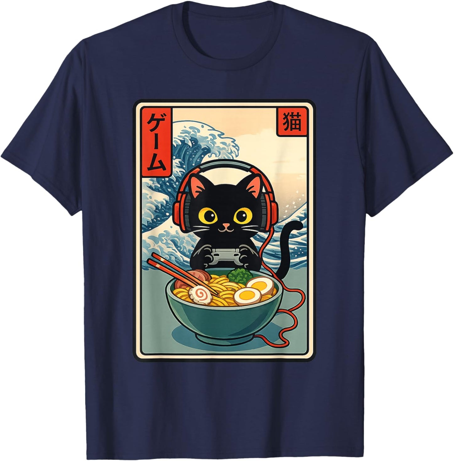 Gamer Cat Ramen Anime Rétro Japonais Wave Art Adulte Enfants T-Shirt - T-Shirt | Navy