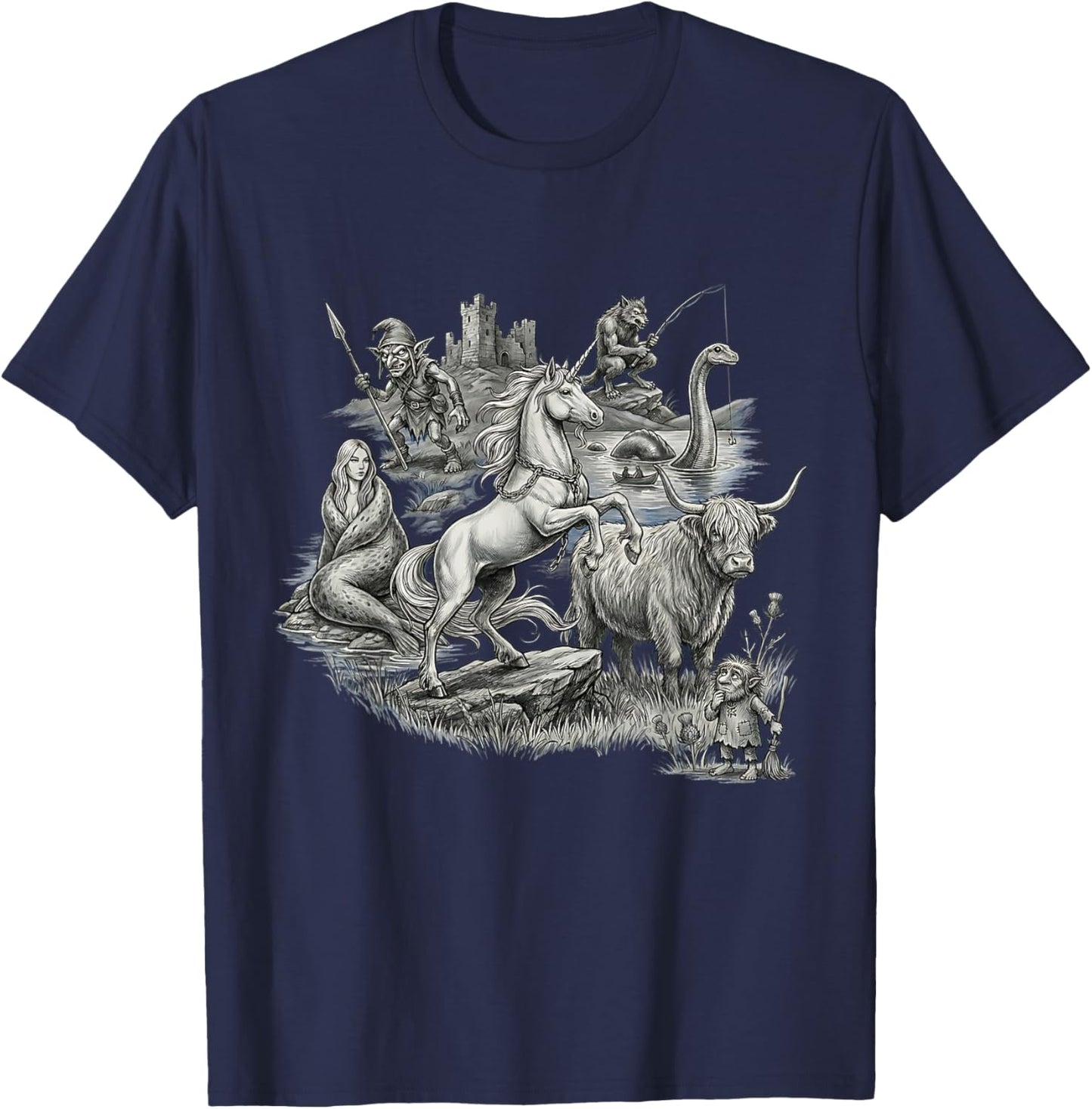 Scottish Folklore Mythical Creatures Unicorn Nessie Selkie T-Shirt - T-Shirt | Navy