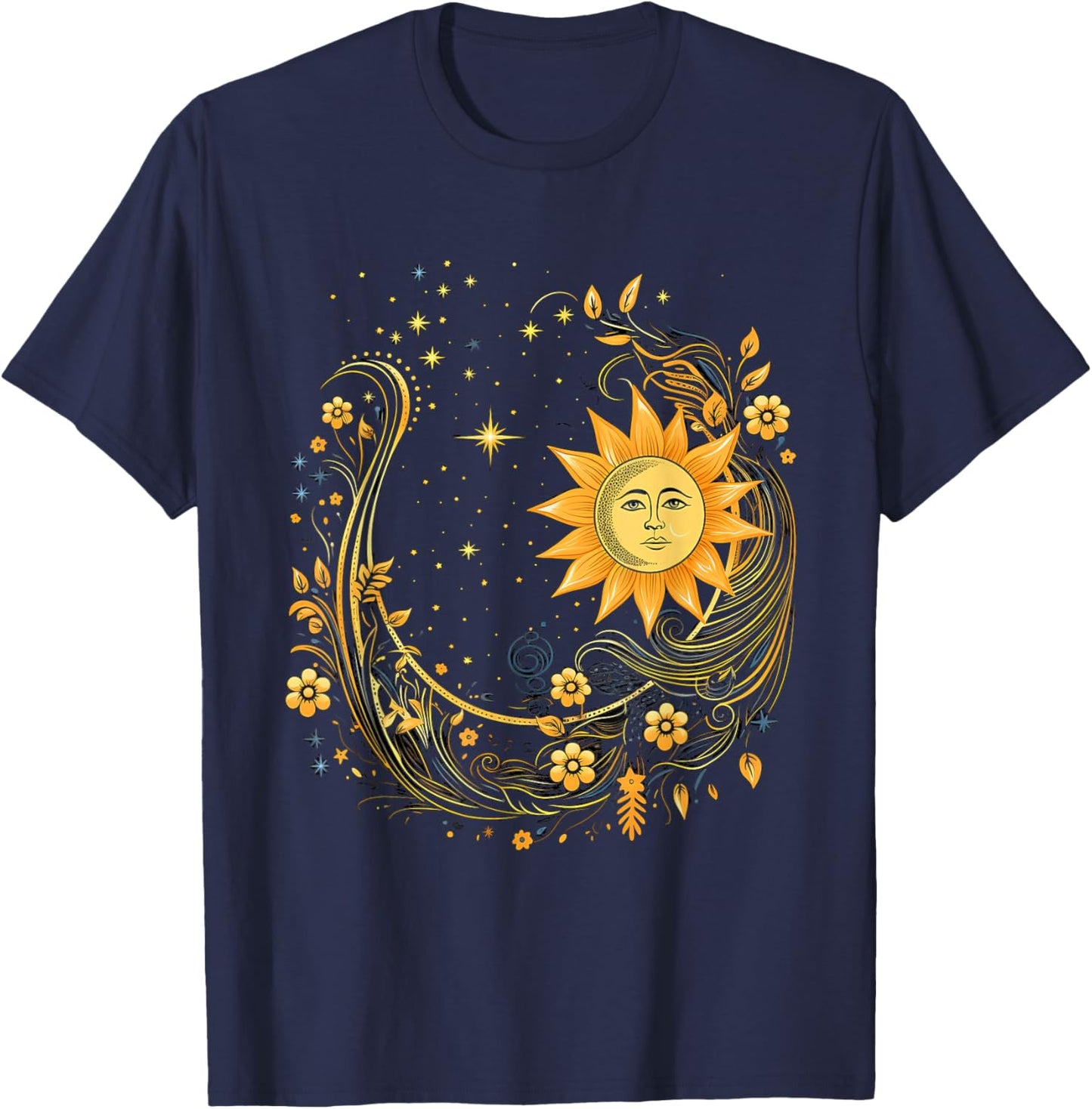 Mystical Sun and Moon with Woman Mystical Flowers Aesthetic T-Shirt - T-Shirt | Navy