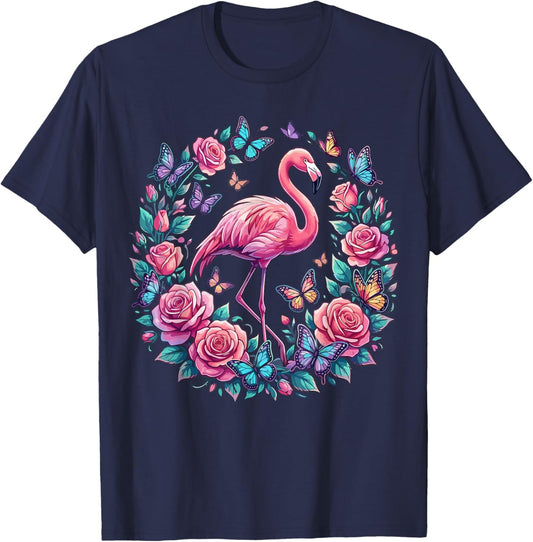 Flamingo with Pink Roses Floral T-Shirt - T-Shirt | Navy