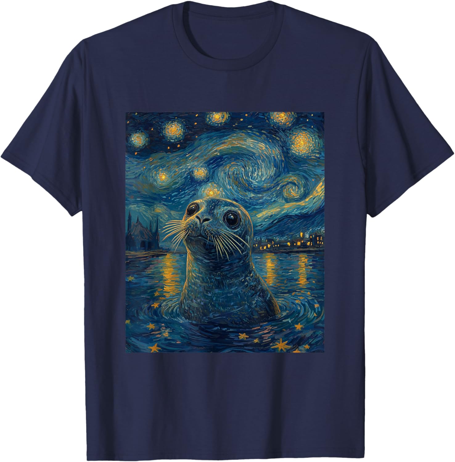 Cute Seal Sea Lion - Van Gogh Style - Starry Night Graphic T-Shirt - T-Shirt | Navy
