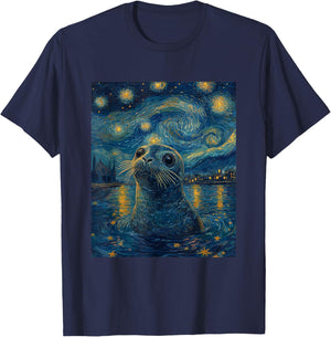 Cute Seal Sea Lion - Van Gogh Style - Starry Night Graphic T-Shirt - T-Shirt | Navy