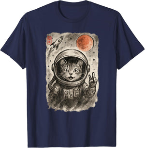 Funny Astronaut Cat Taking Selfie Space Kitten Lover Sumi-e T-Shirt - T-Shirt | Navy