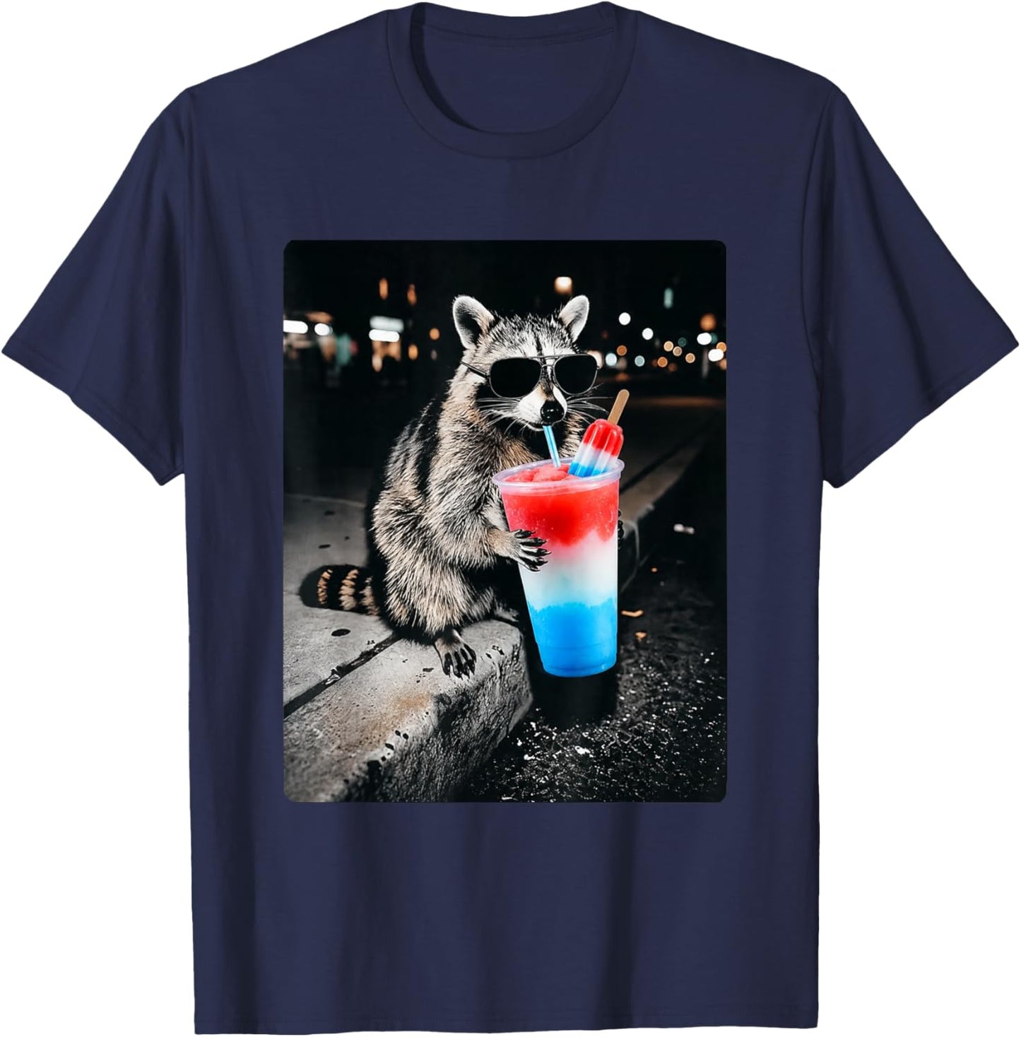Patriotic Red White Blue USA 4th of July Racoon Drinking T-Shirt - T-Shirt | Navy