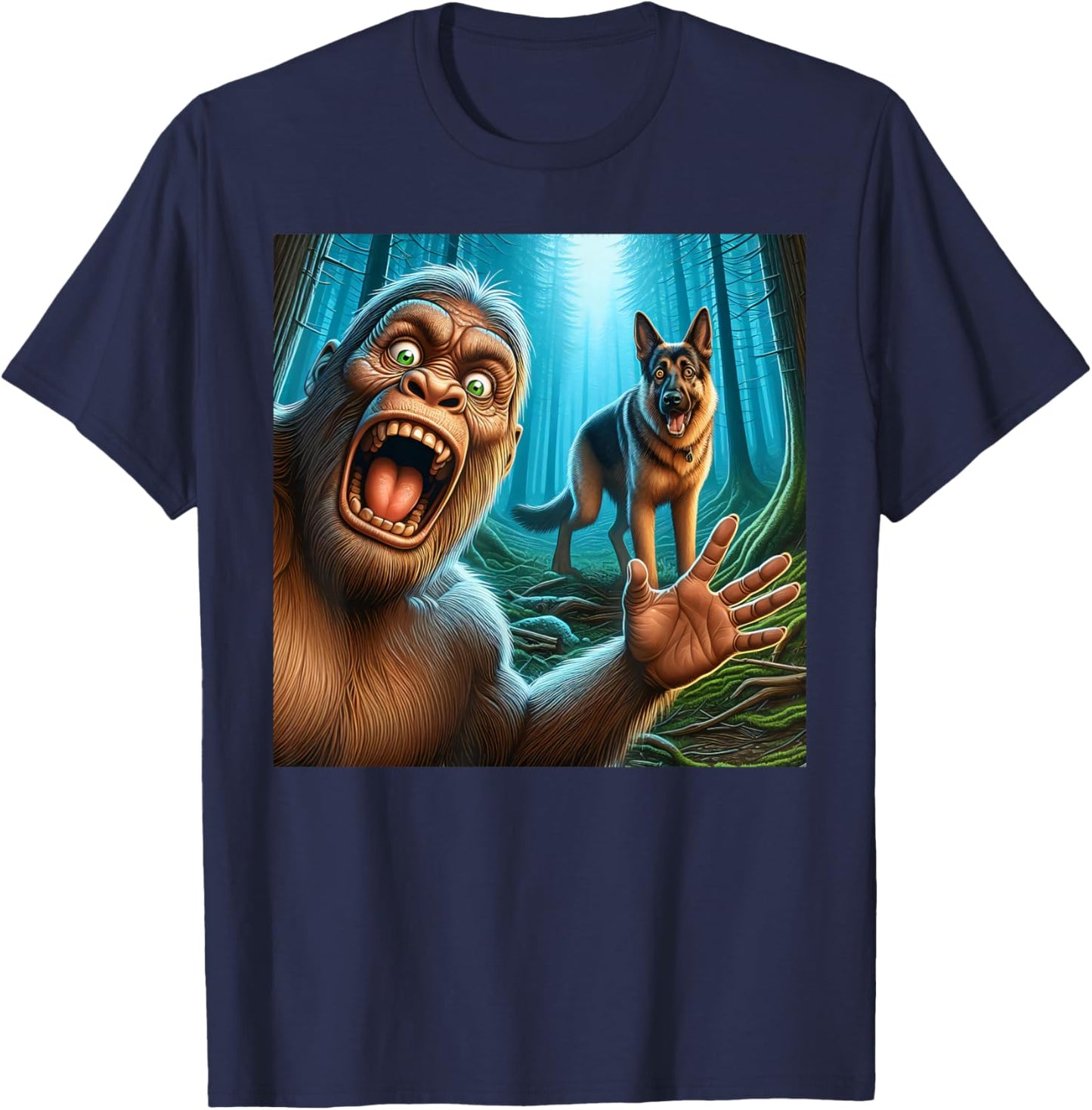 Bigfoot selfie with German shepherd surprised sasquatch T-Shirt - T-Shirt | Navy