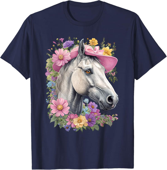 Derby Horse With Pink Sun Hat Women's Horse Racing Design T-Shirt - T-Shirt | Navy