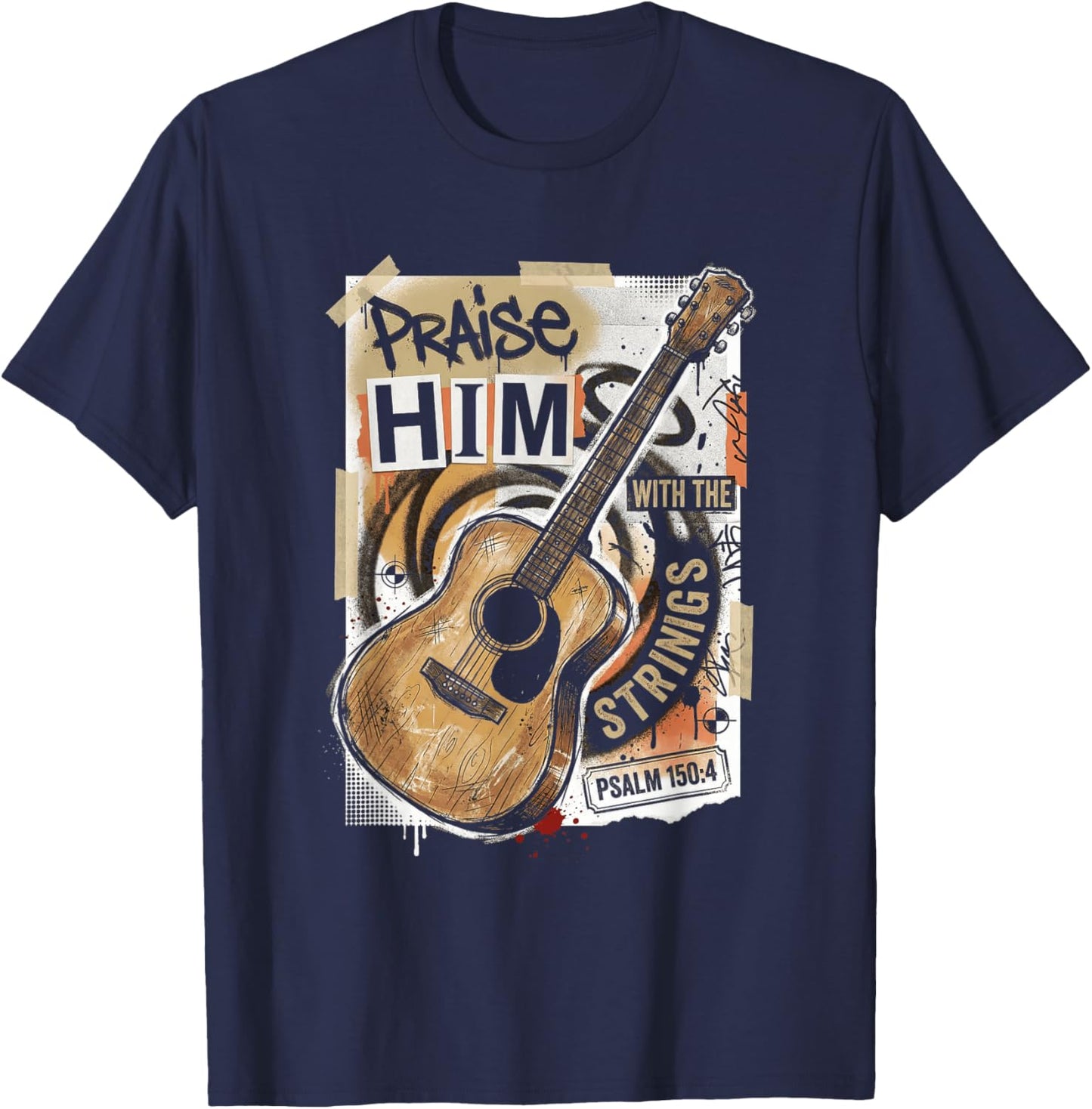 Praise Him with Strings Christian Guitar Worship Music Faith T-Shirt - T-Shirt | Navy