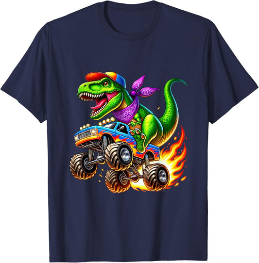 Adventurous Dinosaur On Monster Truck T-Shirt - T-Shirt | Navy