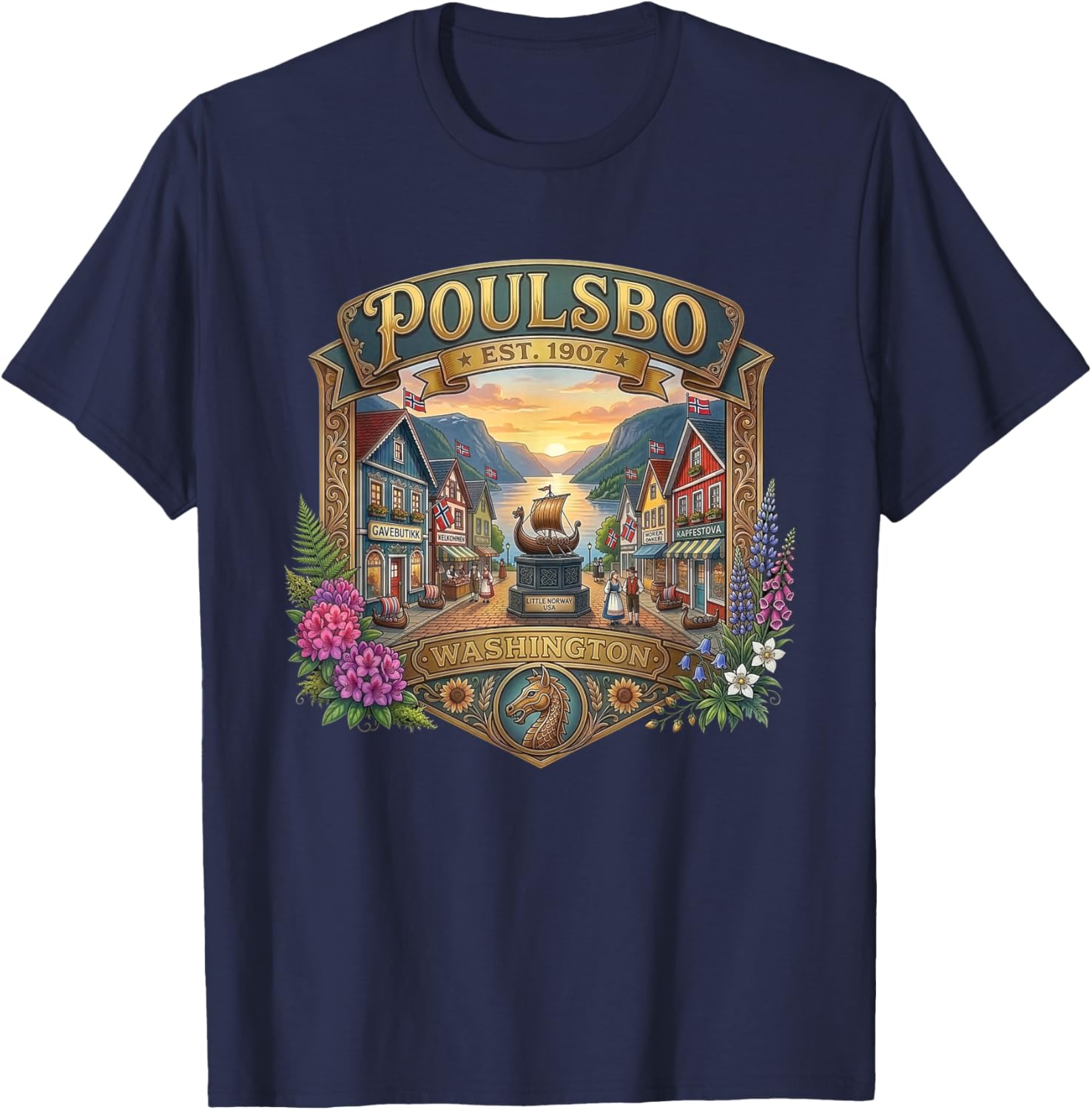 Poulsbo Washington Little Norway Liberty Bay Souvenir T-Shirt - T-Shirt | Navy
