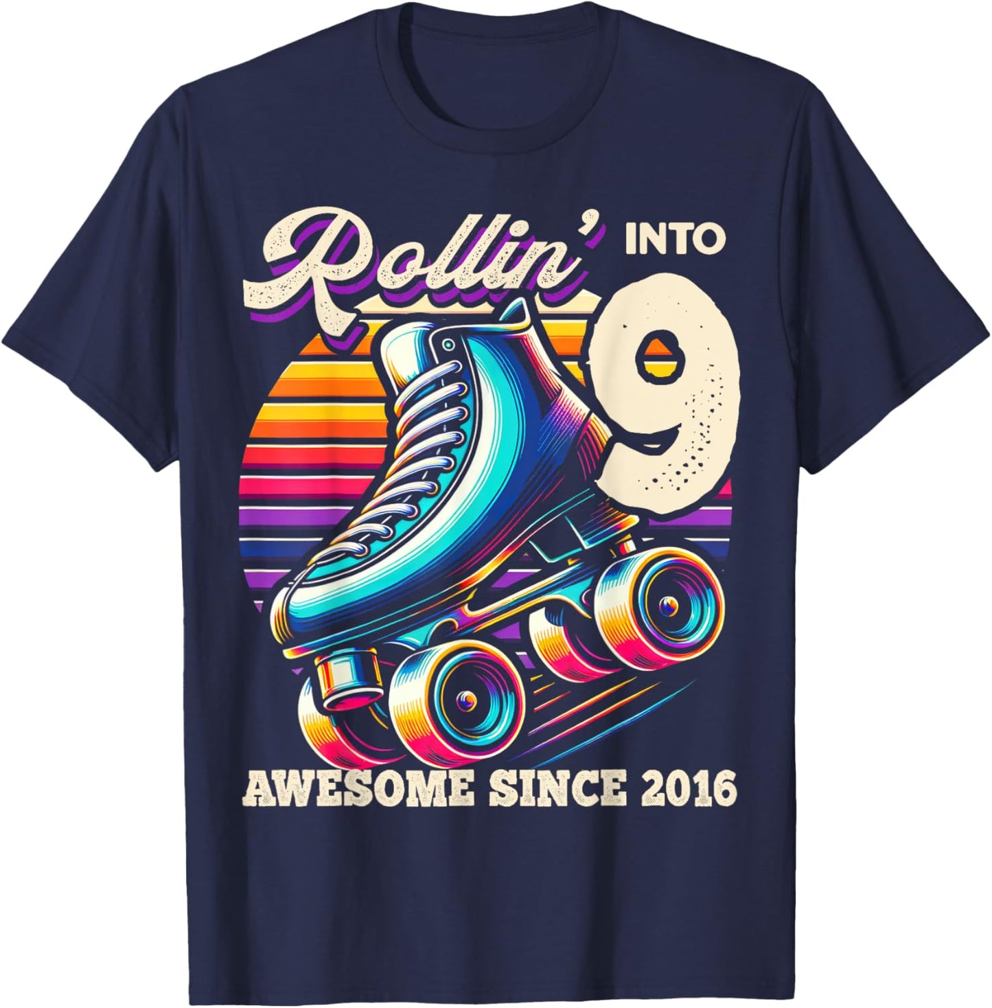 Birthday Roller Skating 9th Girls Rollin into 9 Skate Party T-Shirt - T-Shirt | Navy