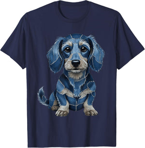 Funny Longhaired Dachshund Dog Blue Denim Patchwork Pattern T-Shirt - T-Shirt | Navy