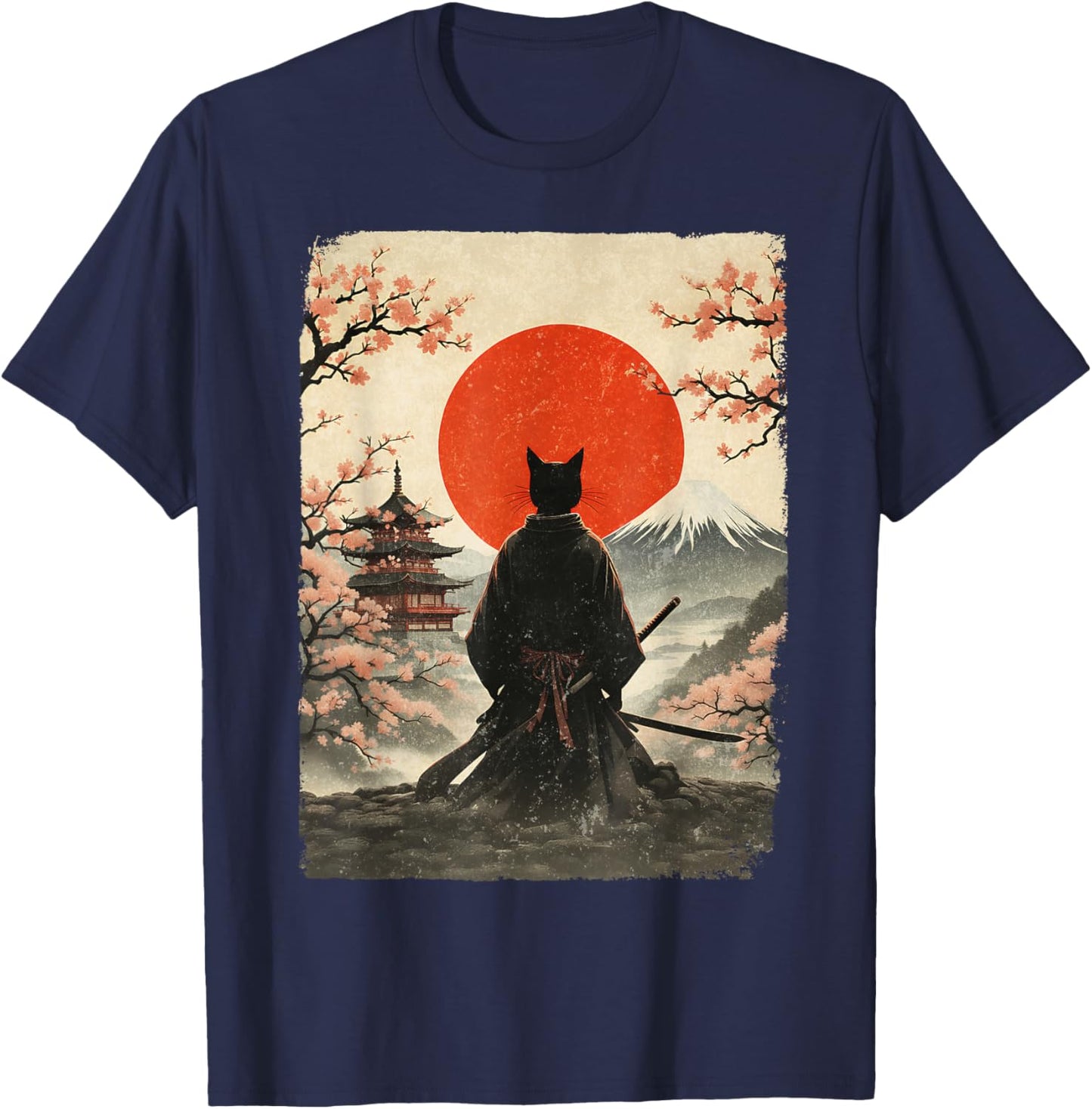 Samurai Cat Warrior Fuji Mount Vintage Japanese Art Graphic T-Shirt - T-Shirt | Navy