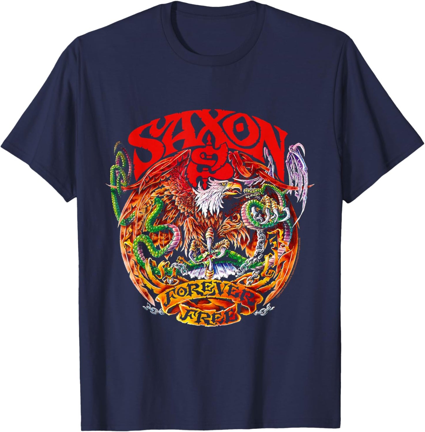 Official Saxon Forever Free Heavy Metal Band Retro Album T-Shirt - T-Shirt | Navy
