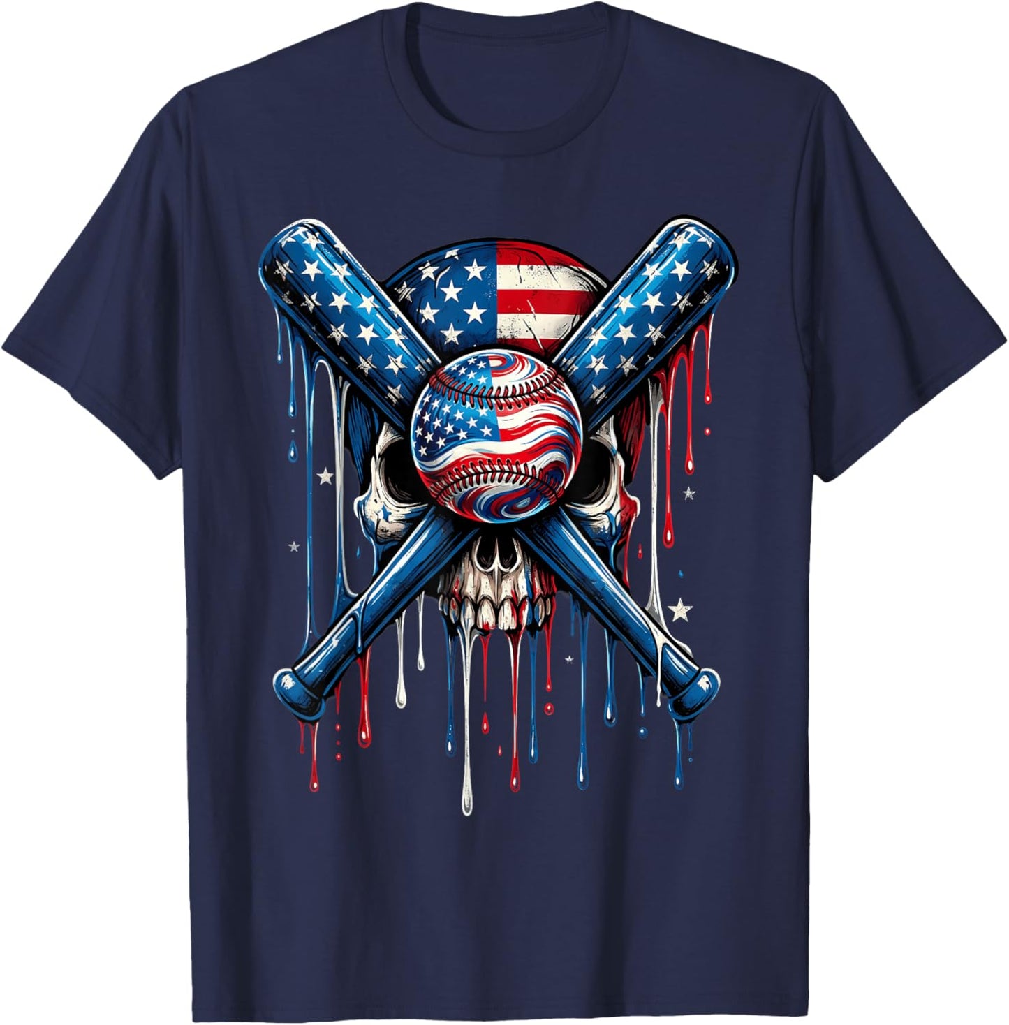 American Flag Baseball Drip Dripping Baseball Skull T-Shirt - T-Shirt | Navy