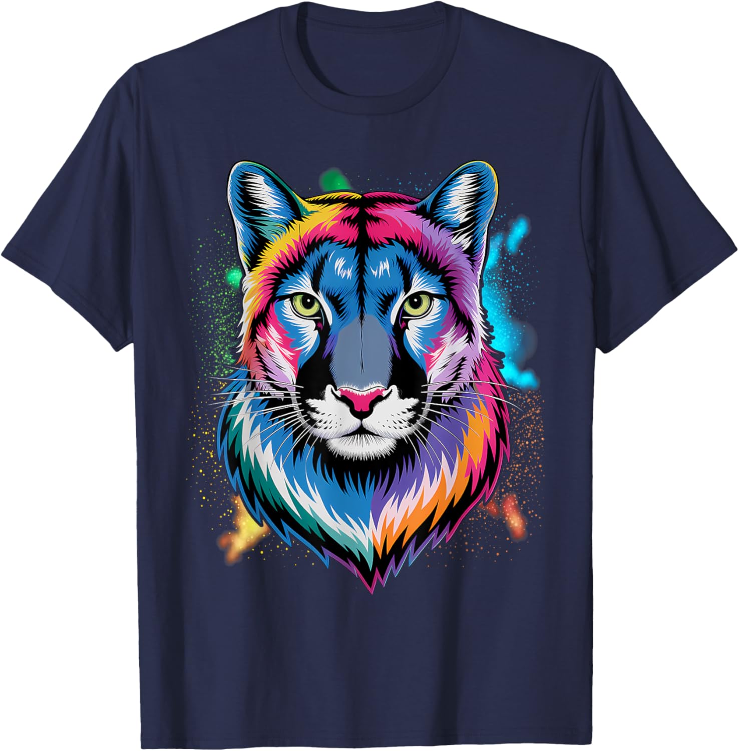 Puma Cougar Head Colorful Art Animals Watercolor Painting T-Shirt - T-Shirt | Navy